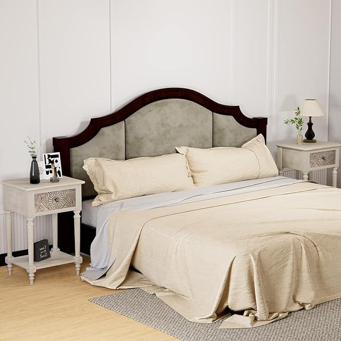 HOMPUS End Table Set of 2 with Drawer and Shelf, Vintage Nightstand Set 2 w Pattern Drawer, White Bedside Table, Accent Nightstand Organizer for Living Room, Bedroom, Easy to Assemble, Distress White