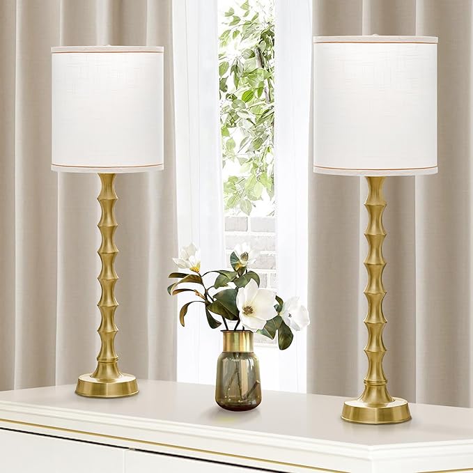 30.5" Gold Table Lamps for Living Room, Gold Buffet Lamp Set of 2 for Sideboard, Modern Golden Lamps Set of 2 Tall Skinny, Tall Golden Bamboo Lamp for Home Office, Skinny Candlestick Lampset