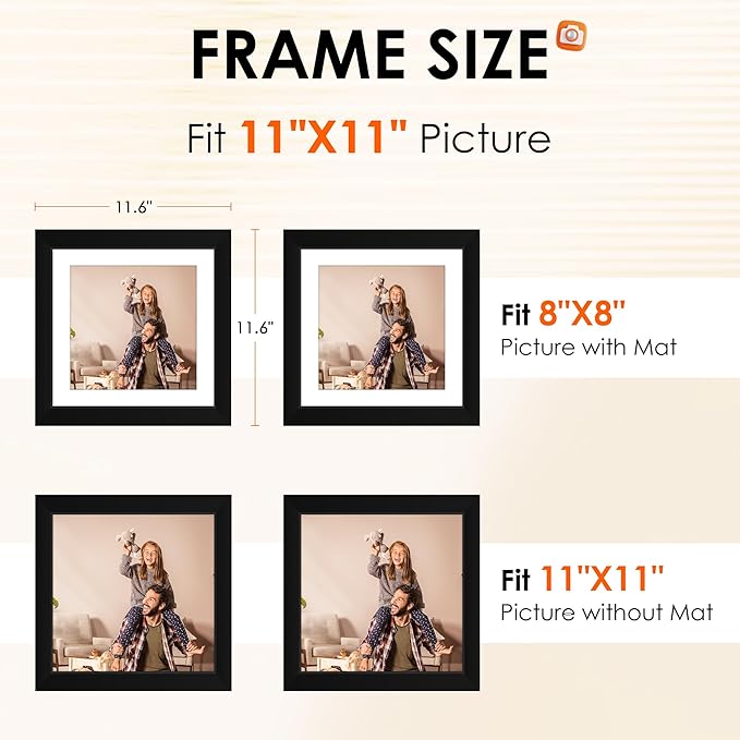 FIXSMITH 11x11 Picture Frame Set of 2, Photo Frame with HD Plexiglass, Display Pictures 8x8 with Mat or 11x11 Without Mat, Black Picture Frames Collage Wall Decor, Gallary Wall Frame