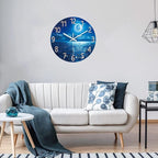 XFM Blue Wall Clock Battery Operated 16 Inch Moon Ocean Glass Clock Silent Non Ticking Modern Decorative Wall Clocks for Kitchen Bedroom Bathroom Decor