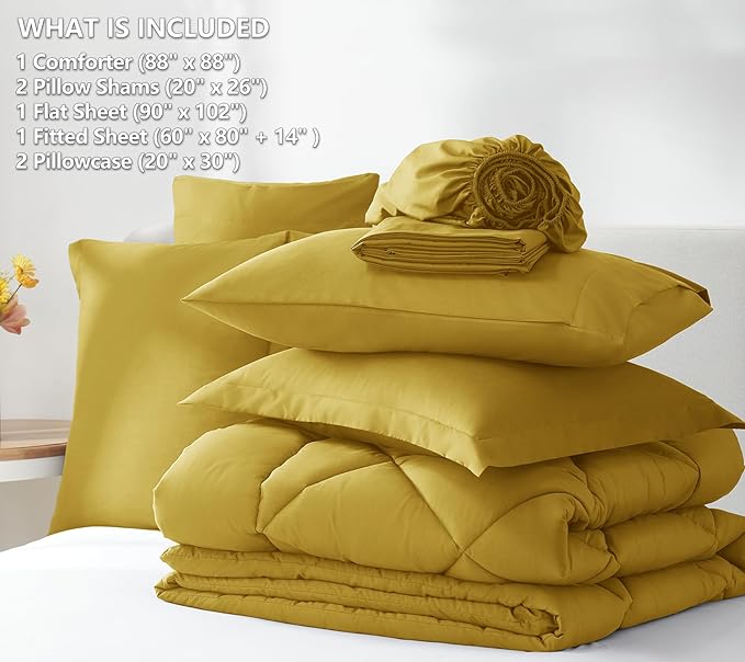 CozyLux Queen Comforter Set Mustard Yellow - Bed in a Bag Queen Size 7 Pieces, Luxury Soft Bed Set for All Seasons, Bedding Set with Down Alternative Comforter, Sheets, Pillowcases & Shams