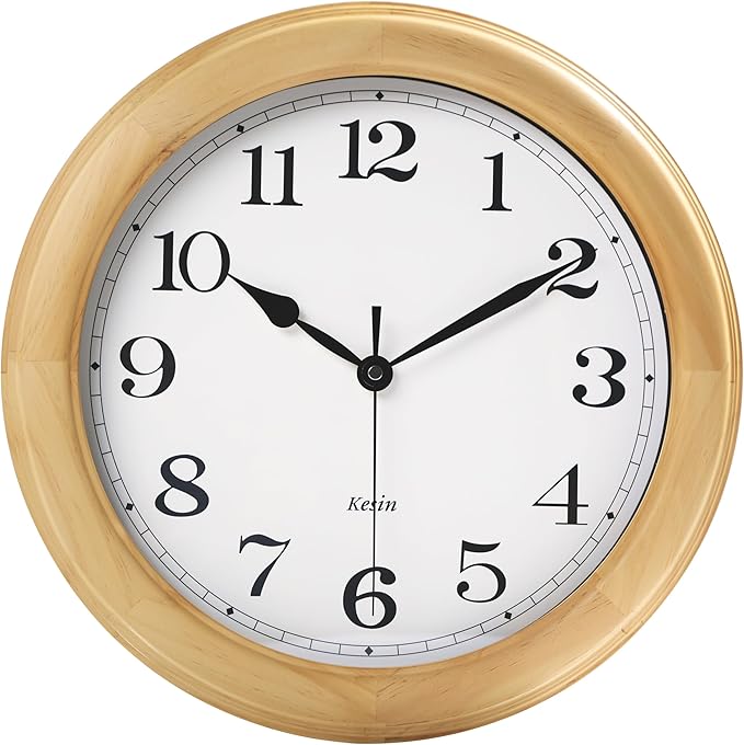 Kesin Wooden Wall Clocks 14 Inch Silent Wall Clock Large Decorative Battery Operated Non Ticking Analog Modern Clock for Living Room Kitchen Bedroom, Natural Grain