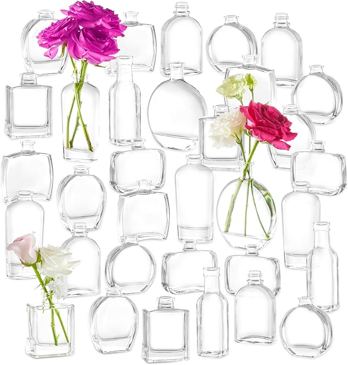 33pcs Glass Small Bud Vases Set - 9 Styles Clear Bud Vase for Centerpieces, Wedding, Home Table Flower Décor Perfume Bottle Inspired Clear Flower Vases in Bulk