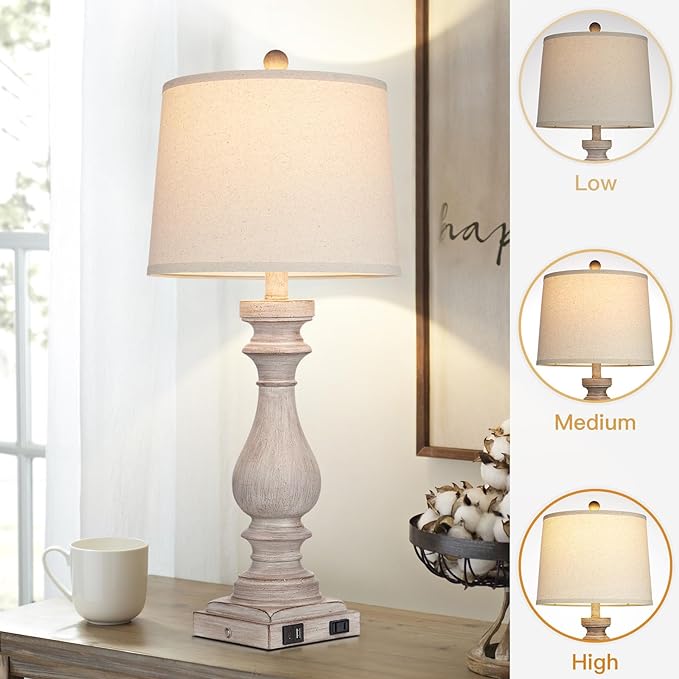 29" Tall Table Lamp for Living Room Set of 2,Vintage Bedside Nightstand Lamps with USB C+A Ports & AC Outlet,3-Way Dimmable Touch Control Desk Lamp for Bedroom,Color 2