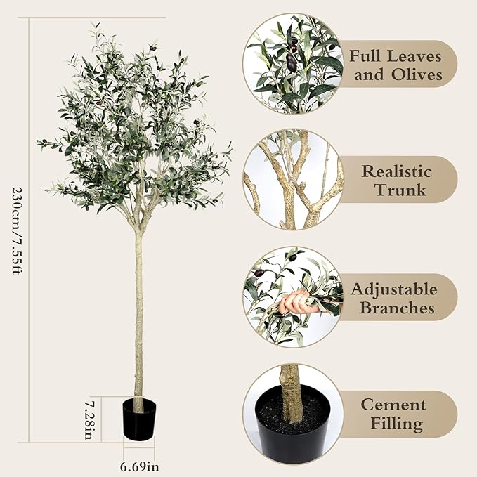 Artificial Olive Tree 7.5 ft Natural Olive Branches and Realistic Leaves for Modern Home Office Living Room Floor Decor 90 Inch
