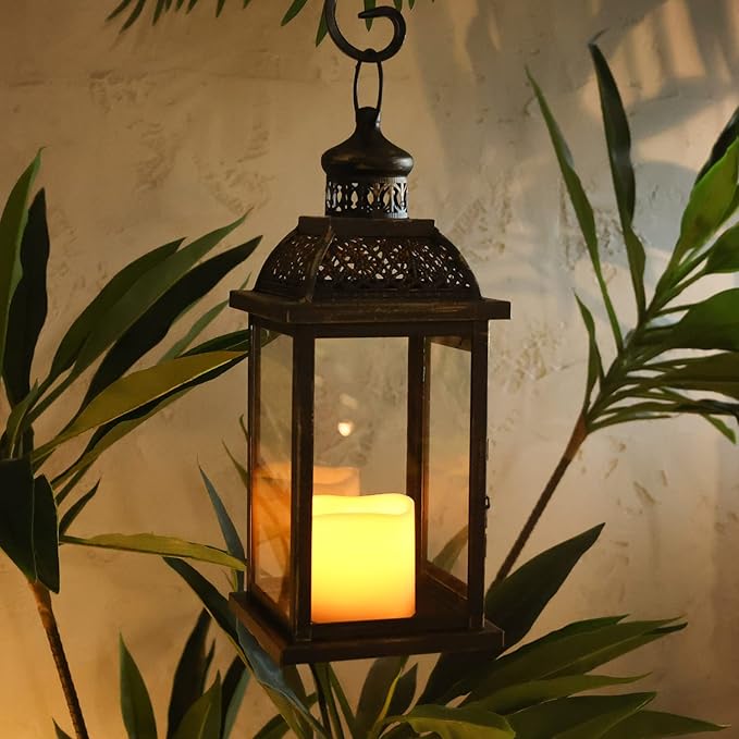 DECORKEY Lanterns Decorative Indoor&Outdoor, 14.4'' Large Black Square Hanging Lanterns, Vintage Metal Candle Holder for Outdoor Patio Front Door Porch Wedding Party Decor