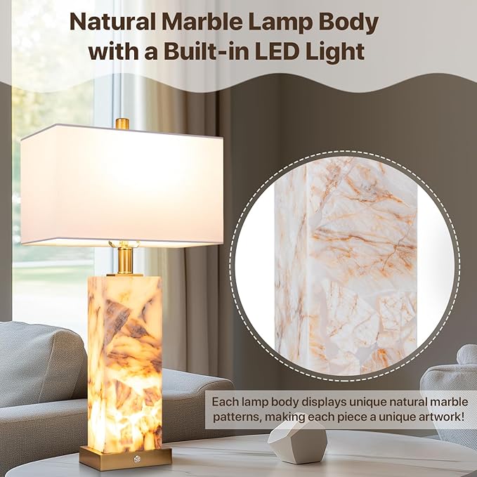 25.6" Alabaster Lamp, Marble Lamp Nightstand Lamps Set of 2, Table Lamps for Living Room Bedroom, 3-Color Temperatures Bedside Lamps with Nightlight, Modern Table Lamp with USB Ports, Bulbs Included