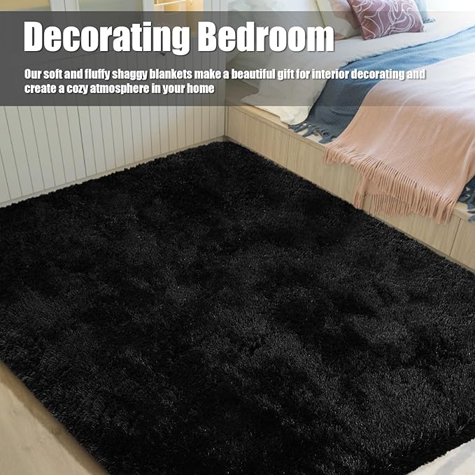 Shag Area Rug for Bedroom 4x6,Black Fluffy Area Rugs for Living Room,Soft Fuzzy Rug Non-Shedding Indoor Plush Carpet for Kids Bedroom Nursery Dorm Home Decor