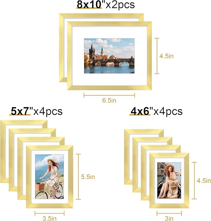 decorUhome Picture Frames Collage Wall Decor for Photo Gallery Display, Assorted Picture Frames set of 10 Including Two 8x10 / Four 5x7 / Four 4x6 for Family Wall Decor, Gold, 10 Pack