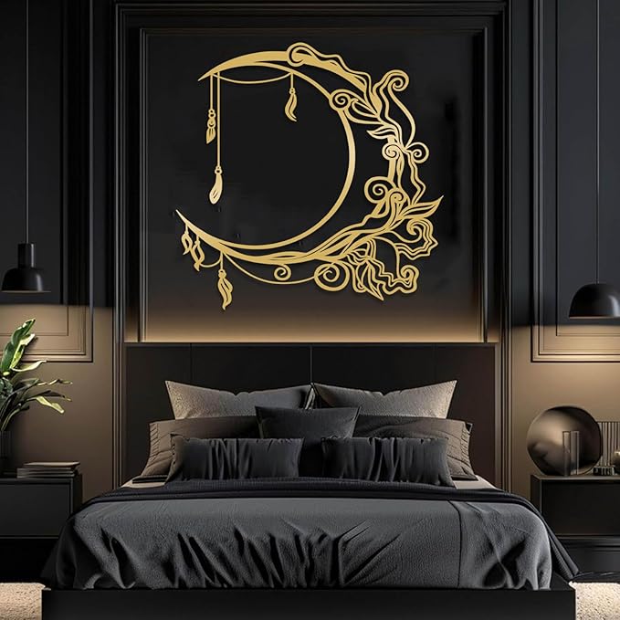 Jogwenu Moon Floral Metal Wall Decor, Moon Metal Wall Decor, Celestial Wall Art, Boho Wall Art, Floral Wall Hanging, Boho Room Decoration, Living Room Bedroom Wall Hanging (Silver, 30"x30"|76x76cm)