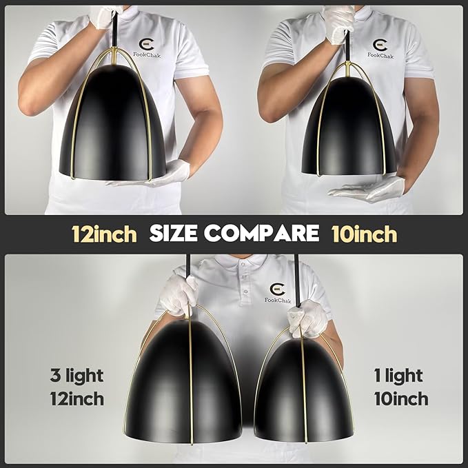 Black Dome Pendant Light 3 Light Socket Large Pendant Light Fixture with Adjustable Pendant Rod 12in Black Gold Pendant Lighting for Kitchen Island Dining Room Kitchen Sink, E26