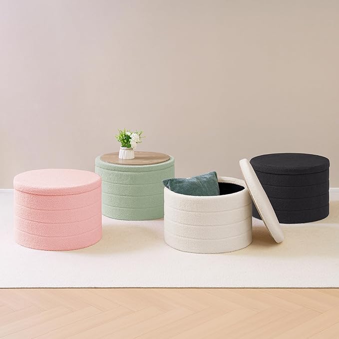 B FSOBEIIALEO Ottoman with Stroage, Round Sherpa Storage Ottoman Stool, Boucle Foot Rest22 x 22"x15.75"（Green