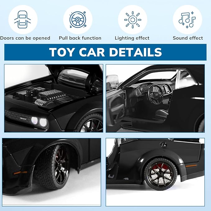 Car Toys for Boys 1/24 Diecast Cars Hellcat SRT Collectibles Model Kit,Pull Back Metal Toy Car with Lights and Sounds,Toy Cars for Boys Age 4-7（Black）
