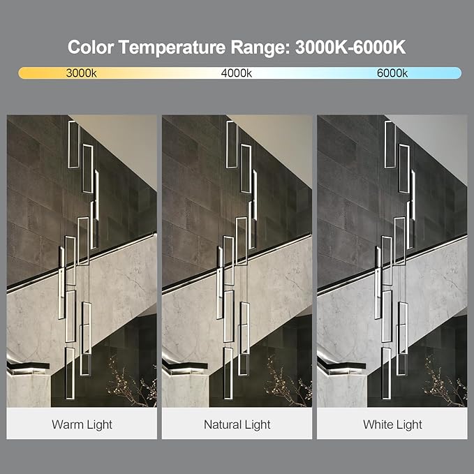 Modern Adjustable Height Pendant Light Fixture Black 252W LED Pendant Lights 12 Rings Rectangular Chandelier Staircase Large Chandelier Lobby Living Room Foyer High Ceiling Chandeliers