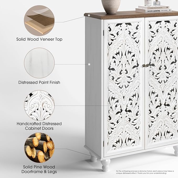 47" Tall Storage Cabinet with Doors and Shelves, Wood Accent Cabinet with Distressed Finish, Buffet & Sideboard for Living Room, Entryway, Dining Room, Bedroom, White