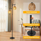 9MMML Rattan Floor Lamp for Living Room, Boho Floor Lamp with 2 Hanging Rattan Lamp Shade, 67'' Farmhouse Dimmable Black Standing Lamp with Rotary Switch for Bedroom, 2 x 800LM LED Bulbs Included
