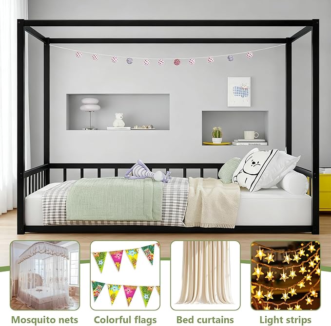 Canopy Floor Bed for Kids – Twin Size, Matte-Black Steel Frame with Safety Fence, Unisex Design for Boys & Girls, Box Spring Required, Quick Assembly (Twin)