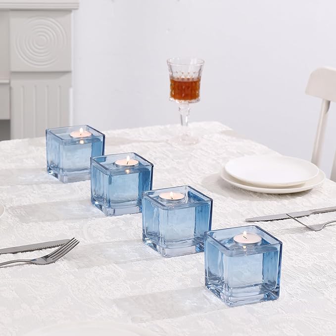 Square Vases Set of 6, 3"x 3"x 3" Glass Vases for Flowers, Square Flower Vase for Centerpieces, Small Blue Vase for Wedding, Party, Home Office Decoration