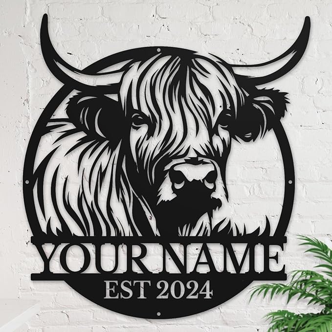 Personalized Highland Cow Name metal Signs,Custom Highland Cow Metal Shed Wall Decor,Black Metal Wall Art Plaques Outdoor wall Decorative Signage (Style F)