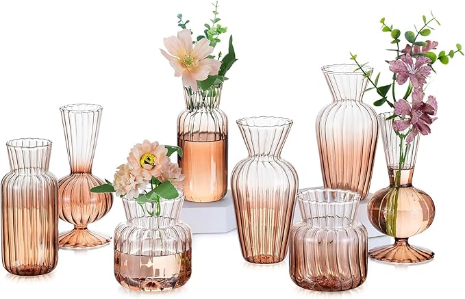 Hewory Small Ribbed Glass Bud Vases Set of 8 Amber Flower Vase Centerpieces - Modern Minimalist Cute Mini Decorative Bulk Vases for Wedding Bridal Shower Birthday Party Events Dining Room Table Decor