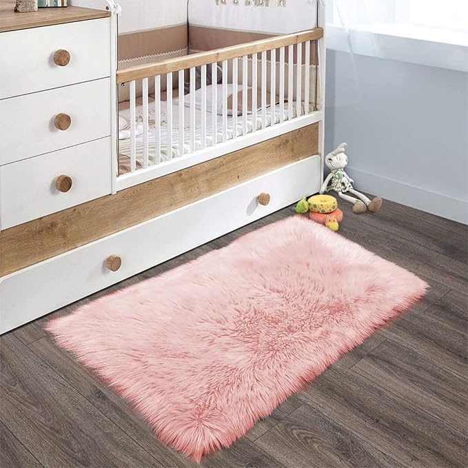 Latepis Pink 2x3 Faux Fur Rug for Bedroom Decor for Teen Girls Throw Fuzzy Fluffy Furry Sheepskin Rug for Sofa Cushion Luxury Home Décor Rectangle