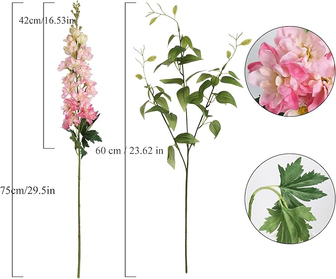Pink Silk Delphinium Flowers Combo Clematis Greenery 8pcs Long Stem Pink Fake Larkspur Flowers Floral Arrangements for Tall Vase Table Party Home Decor