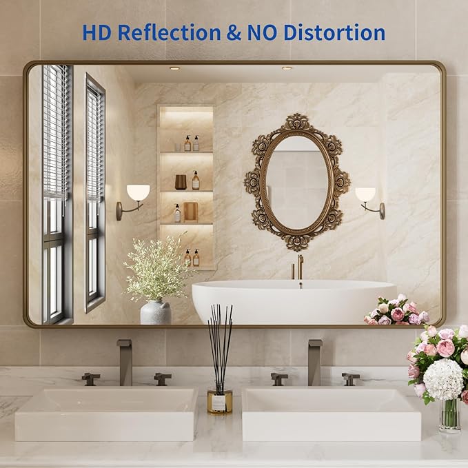 WEER 48x30 Inch Bronze Bathroom Mirror for Vanity, Brushed Bronze Metal Frame Mirror for Wall, Rounded Rectangle Bronze Frame Mirror with Tempered Glass, Anti-Rust (Horizontal/Vertical)