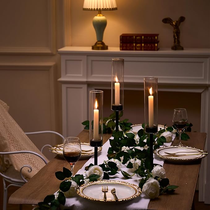 Black Hurricane Candle Holders Set of 3, Tall Metal & Windproof Glass Taper Candle Holders, Outdoor/Indoor Table Centerpieces for Weddings, Christmas, Parties, Fireplace Decor