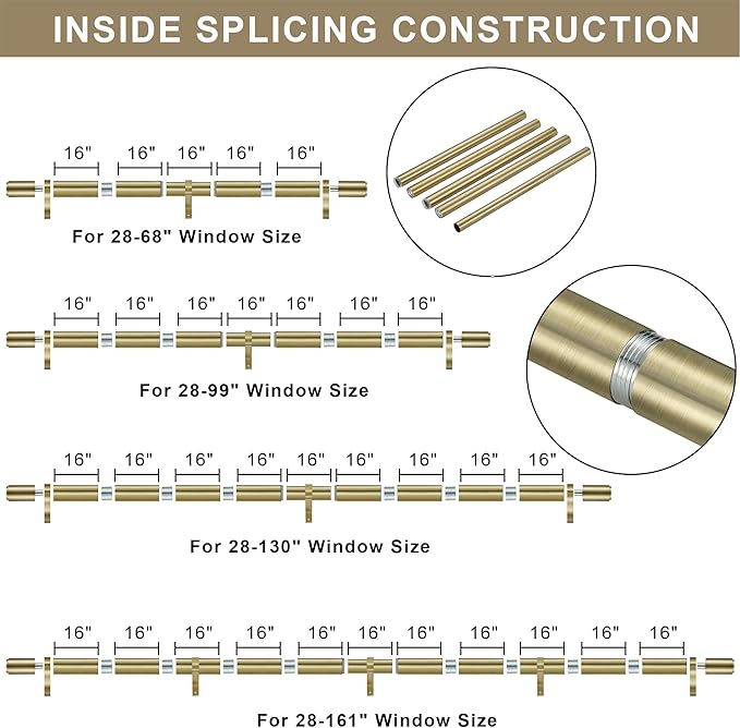 Curtain Rods for 28-161” Windows, Splicing Construction, 1” Adjustable Drapery Rod with Aluminum Alloy Brackets and Finials for Window, Sliding Door, Patio, Living Room Decoration, Antique Bronze