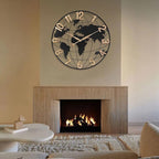 30 Inch Extra Giant Large Wall Clock Oversized,Black Big Metal Modern Decorative Silent World Map Wall Clock with Vintage Gold Arabic Numeral for Office,Living Room,Kitchen,Dining Room Decor