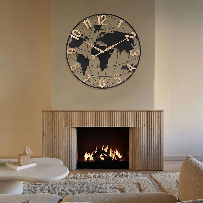30 Inch Extra Giant Large Wall Clock Oversized,Black Big Metal Modern Decorative Silent World Map Wall Clock with Vintage Gold Arabic Numeral for Office,Living Room,Kitchen,Dining Room Decor