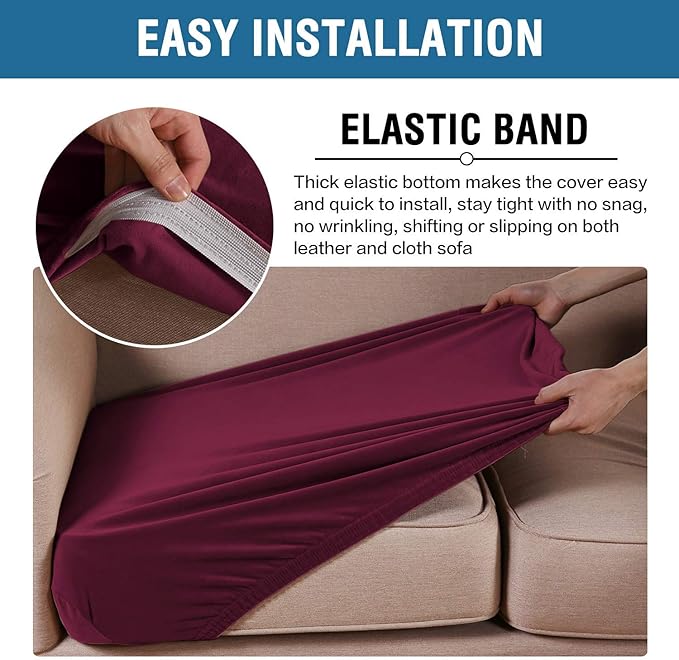 H.VERSAILTEX Velvet Stretch Couch Cushion Cover Plush Cushion Slipcover for Chair Loveseat Sofa Cushion Furniture Protector Seat Cushion Sofa Cover (2 Piece Large Sofa Cushion Covers, Burgundy)