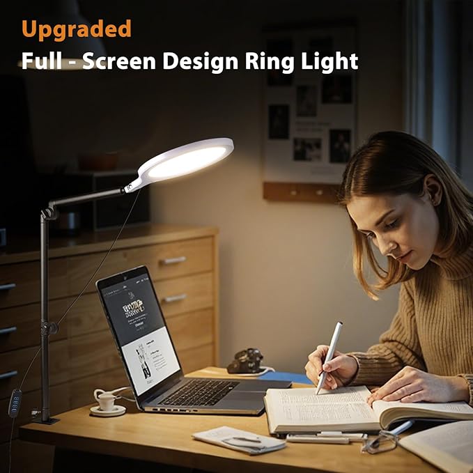 Desk Ring Light with Stand, 10" LED Desk Ring Light with Clamp, 360°Rotate & Flexible Height Full-Screen Overhead Ringlight for Video Recording, TikTok, YouTube, Live Streaming, Content Creation