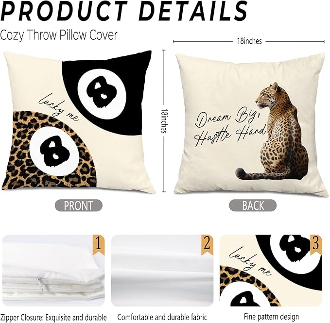 Trendy Leopard Lucky 8 Ball Pillow Covers 18x18, Cheetah Leopard Print Room Decor, Funky Preppy Leopard and Black Billiards Decorative Throw Pillow Covers for Girls Dorm Apartment