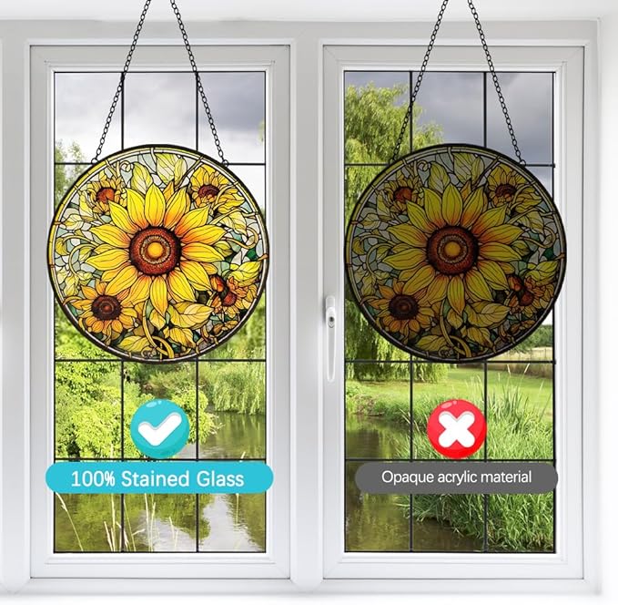 Sunflower Suncatcher Stained Glass Window Hanging Ornaments - 8” Handmade Sun Catchers Indoor Window Outdoor Garden Decor - Wall Art Sun Flower Glass Panel with Hooks - Sunflower Gifts for Women Mom