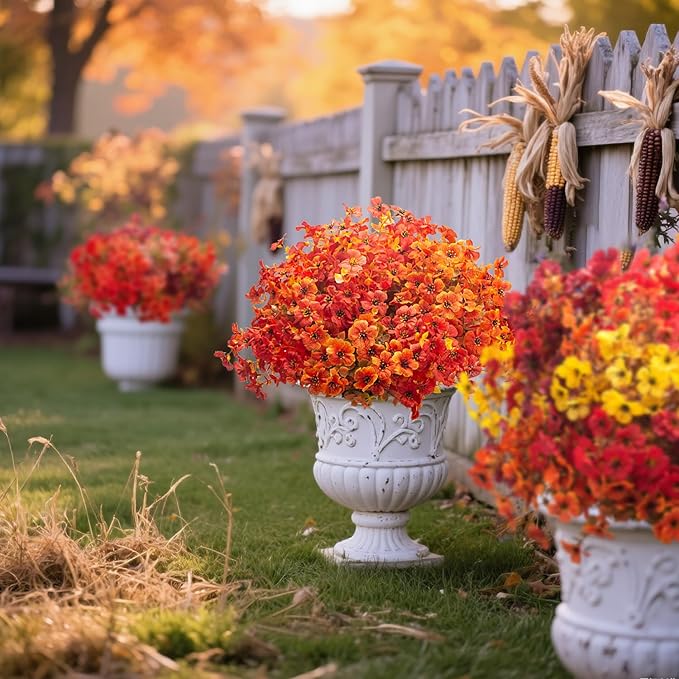 20 Bundles UV Resistant Artificial Fall Flowers Outdoor - Fake Autumn Plants for Thanksgiving Porch, Pumpkin Decor | All-Weather Faux Eucalyptus & Daisy (Fall Mix)