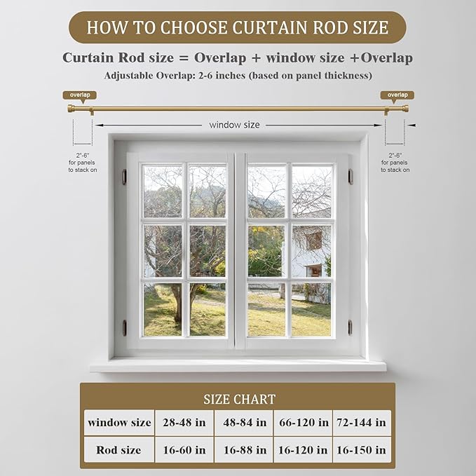 Oneach Gold Curtain Rods for Windows 66 to 120 Inch, 1 Inch Pole Adjustable Length Heavy Duty Metal Curtain Rod Set, for Outdoor Bedroom Kitchen Living Room (16 to 120 Inch)