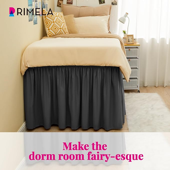 RIMELA Dark Grey Bed Skirt Twin 32 Inch Drop Silky Luxurious Fabric, Wrinkle and Fade Resistant with Adjustable Elastic Belt Easy to Install Machine Washable Dust Ruffles Bedskirt