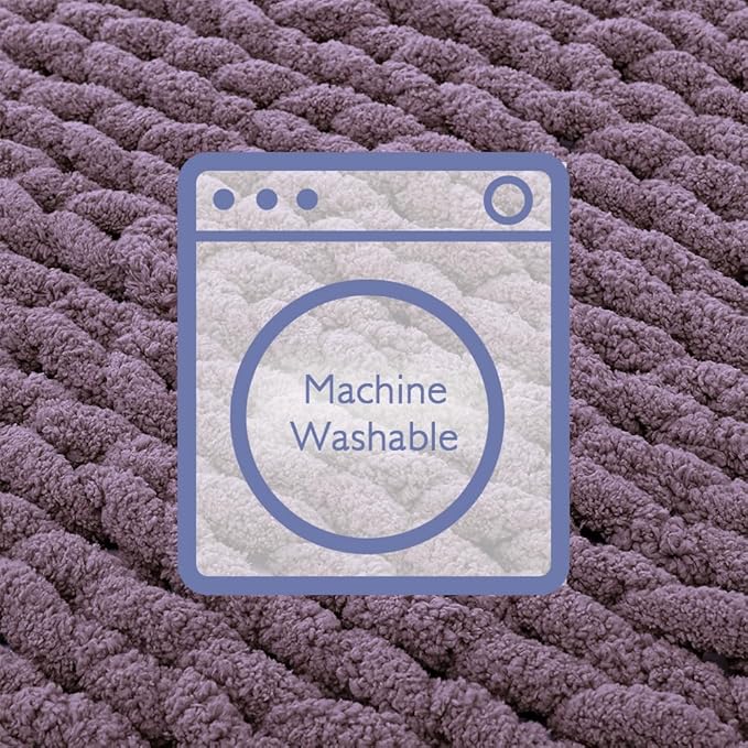 Bigacogo Chunky Knit Throw Blanket for Couch, 40x80 inches, 100% Hand Knitted with Thick Jumbo Chenille Yarn, Cozy Soft Large Rope Knot Cable Crochet Blankets for Sofa Bed Living Room, Winter Grape