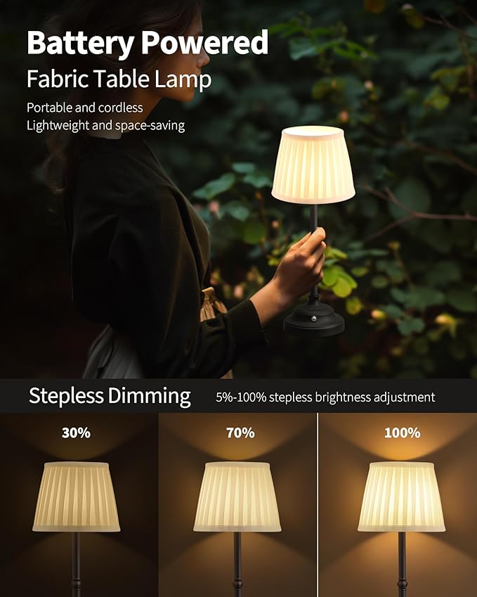 KDG Cordless LED Table Lamp, Portables Fabric Shade Desk Lamps, 4000mAh Rechargeable Battery Powered Lighting, Dimmable Light for Dining Room, Bedroom, Bedside, Night Light, Balcony (Black)