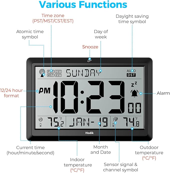 Wall Clock Atomic with Indoor Outdoor Temperature Battery Powered, Easy Reading with 10.5 Inch Large LCD Display, 330FT Range Table Wall Clock with DST, 12/24 Hour for Living Room Kitchen (Black)