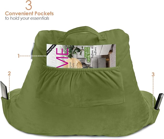 Nestl Reading Pillow Standard Bed Pillow, Back Pillow for Sitting in Bed Shredded Memory Foam Chair Pillow Reading & Bed Rest Pillows Calla Green Back Pillow for Bed, Bed Chair Arm Pillow with Pockets