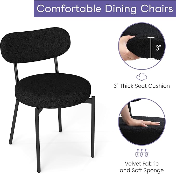 Dining Chairs Set of 2 pcs, Boucle Comfortable Upholstered Seat Fabric with Curved Backrest, Mid Century Modern Contemporary Scandinavian Designer Chairs Ideal for Dining Room, Kitchen, Black