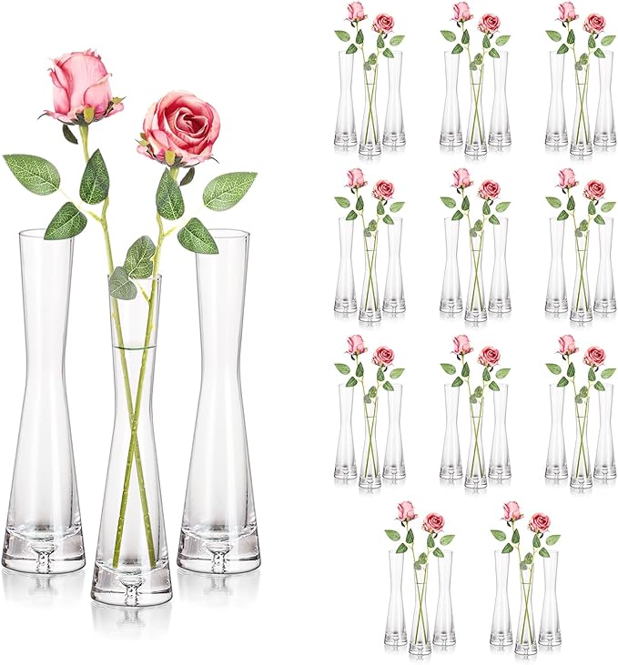 Hewory Glass Bud Vases for Centerpieces Set of 36, Handmade Modern Clear Small Skinny Decorative Single Flower Vase, Minimalist Slim Floral Vase for Home Wedding Party Events Table Decor, 7.87"