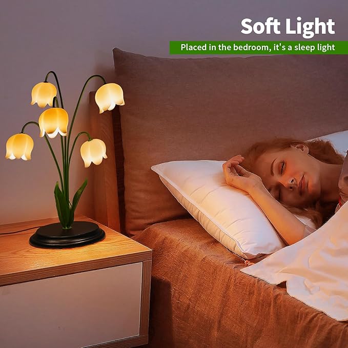 Lily of The Valley Table Lamp with Remote - 17.7 H x 13 W x 13 D, 5 Blossom Dimmable Night Light, Wood Base & Gift Box, Elegant Bedroom Decor for Women/Mom