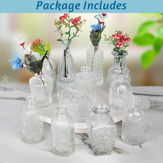 Glass Vase Bud Vase in Bulk Set of 12，Small Vintage Flower Bottle Petite Glass Flower Vase for Floral Arrangements, Decorative Centerpiece,Table Decor,Home Wedding Party