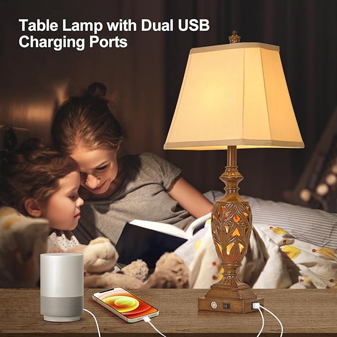 29.5"H Touch Control Traditional Table Lamp with Dual USB Ports, Set of 2, 3-Way Dimmable Hollow Out Leafwork Bronze Wood Finish Vintage Bedside Nightstand Desk Lamps for Living Room,Bedroom