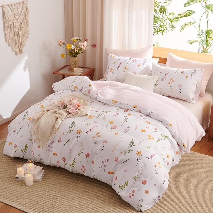 Floral Comforter Set Queen Size - 3 Pieces Pink White Floral Comforter Bedding Sets Reversible Pattern,Queen Back to School Comforter with Flowers Patterned and 2 Pillowcases