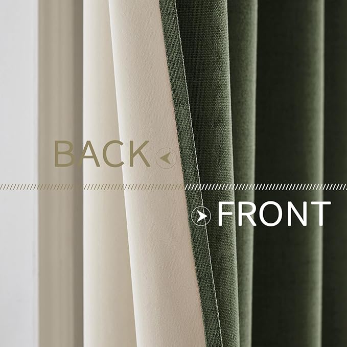 MIULEE 100% Blackout Linen Textured Curtains for Bedroom Solid Thermal Insulated Olive Green Grommet Room Darkening Curtains & Drapes Luxury Decor for Living Room Nursery 52 x 63 Inch (2 Panels)