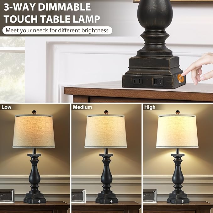28" Tall Farmhouse Table Lamps with USB C+A Ports and AC Outlet, 3 Way Touch Control Rustic Bedside Lamps for Bedroom, Black Vintage Nightstand Lamps for Living Room Office